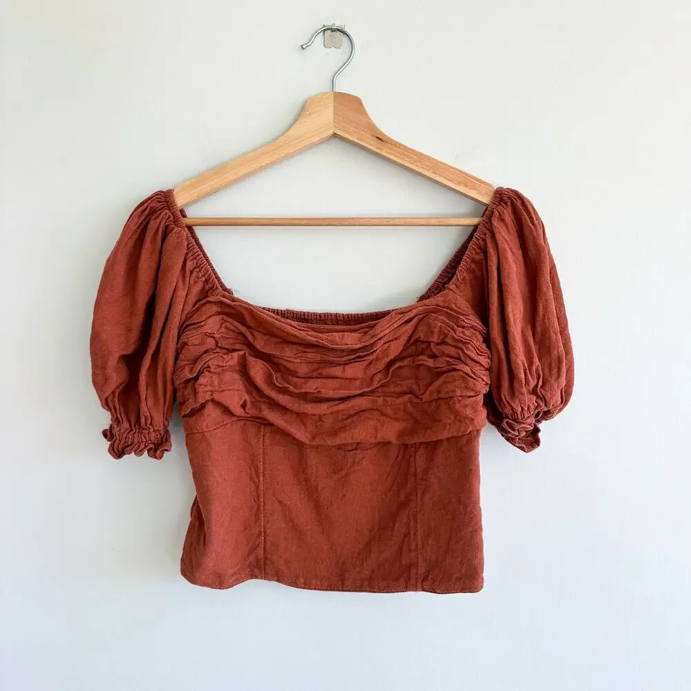 Abercrombie & Fitch Drama Puff Sleeve Pleated Blouse Rust Brown M